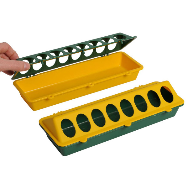 Mangeoire linéaire jaune et verte en plastique pour poussins